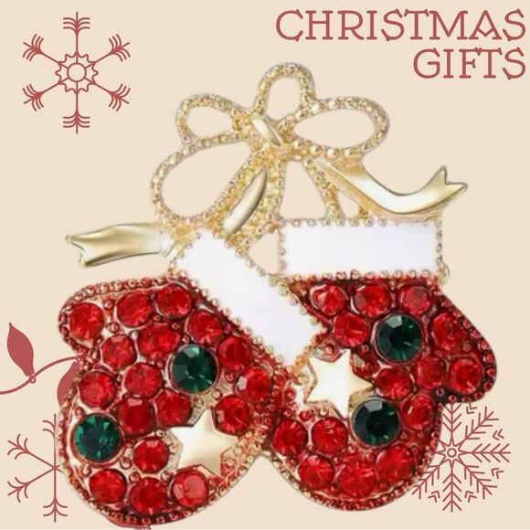 RHINESTONE CHRISTMAS MITTENS BROOCH - Picture 1 of 2